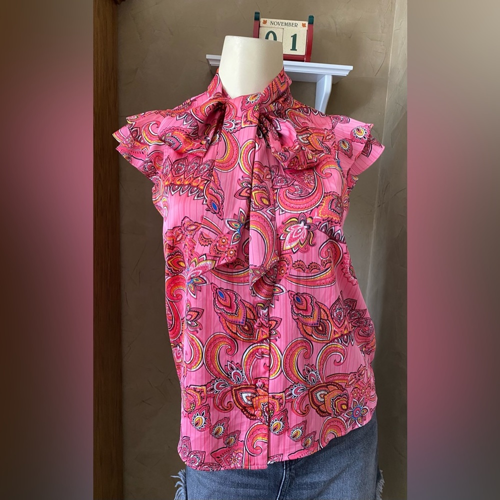 Joie Blouse Tie Neck Button Up Ruffled Cap Sleeves Pink Red Paisley XS/TP Satin
